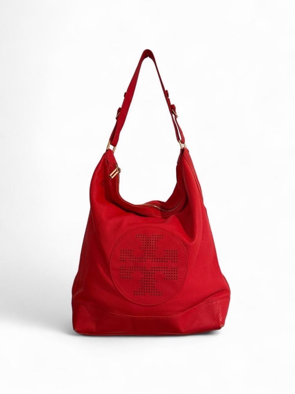 Tory Burch Red Leather Perforated Logo Hobo Shoulder Bag